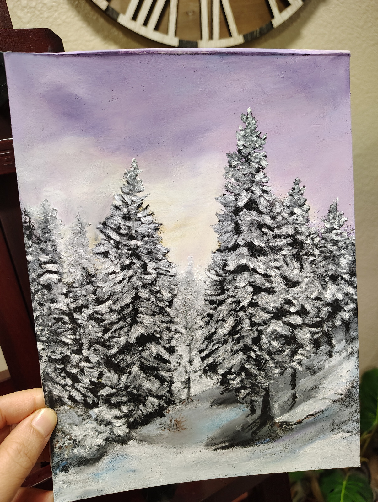 Winter Snow Pine Trees Landscape Original Hand Painted Oil Pastel 7×9.5In Signed