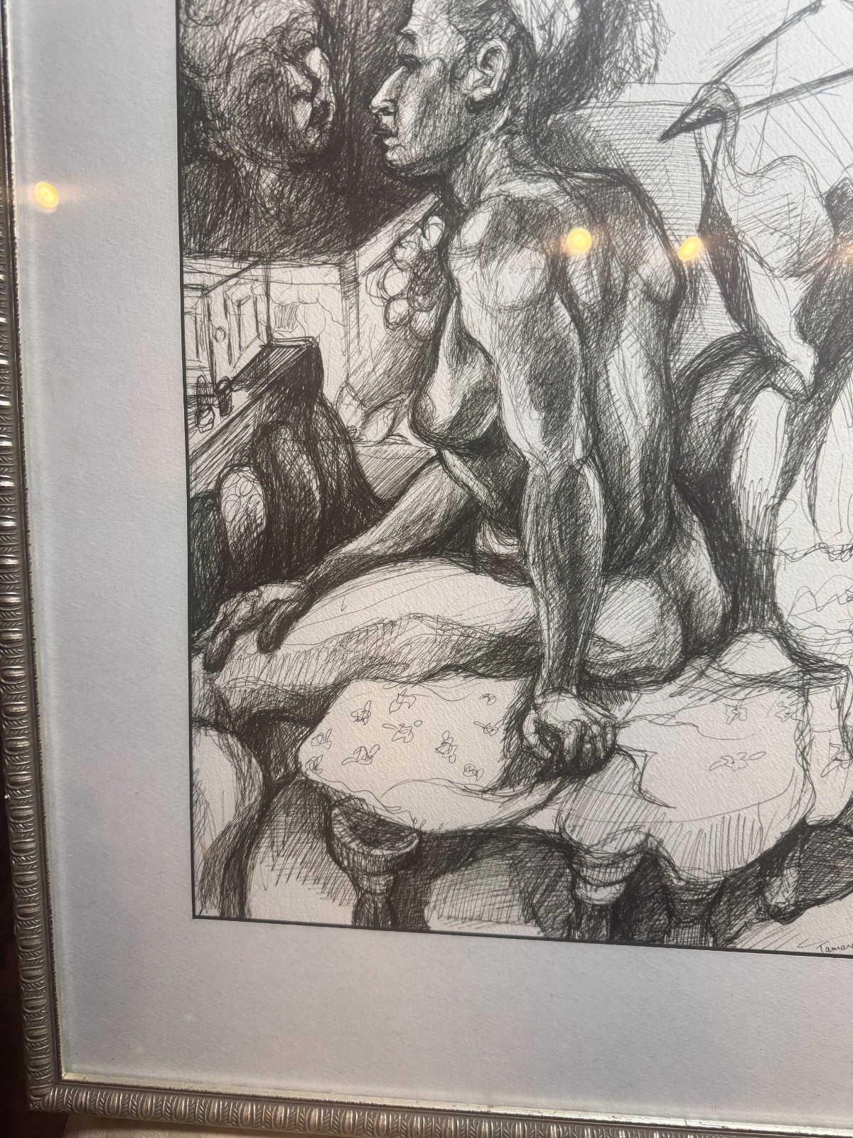 Tamara Signed Modernist Female Nude Bedroom Pen Ink Drawing Framed VG Cond 24×18