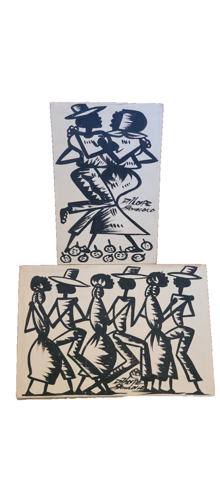 Set of 2 VTG Original Black White Paintings by Jamaican Artist D. Thorpe Signed