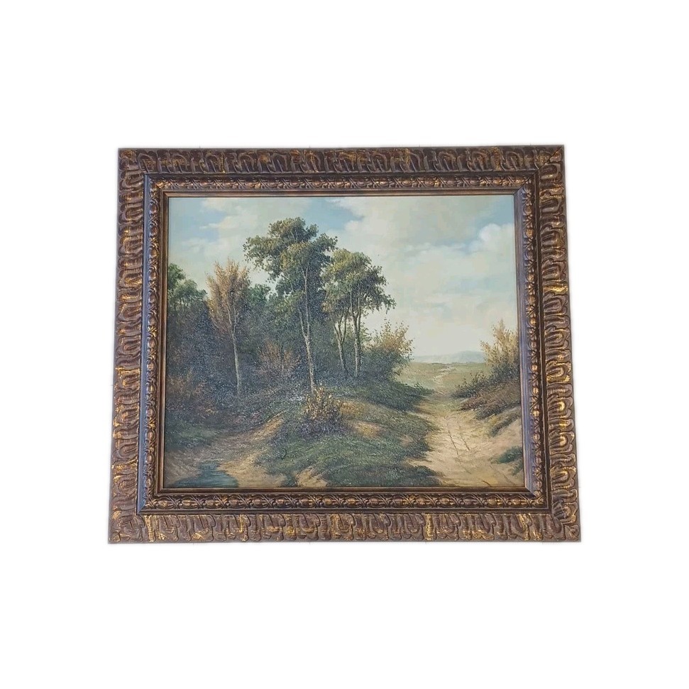 Large Antique Style Landscape Oil Painting Heavy Gilded Ornate Wood Frame Decor