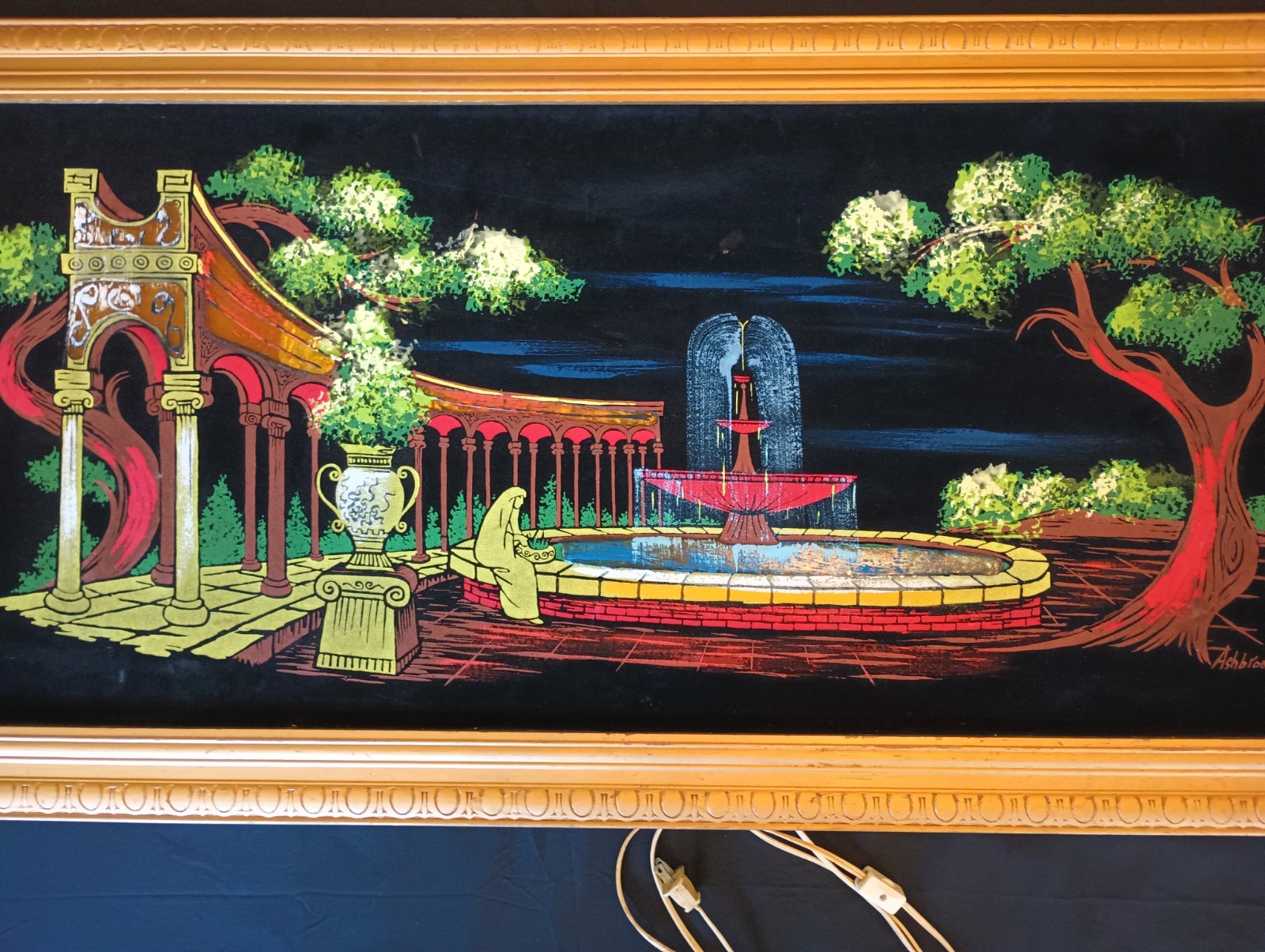 MCM Ashbrook Studios Roman Garden LIGHTED Velvet Oil Painting 23 X 45 Framed VTG