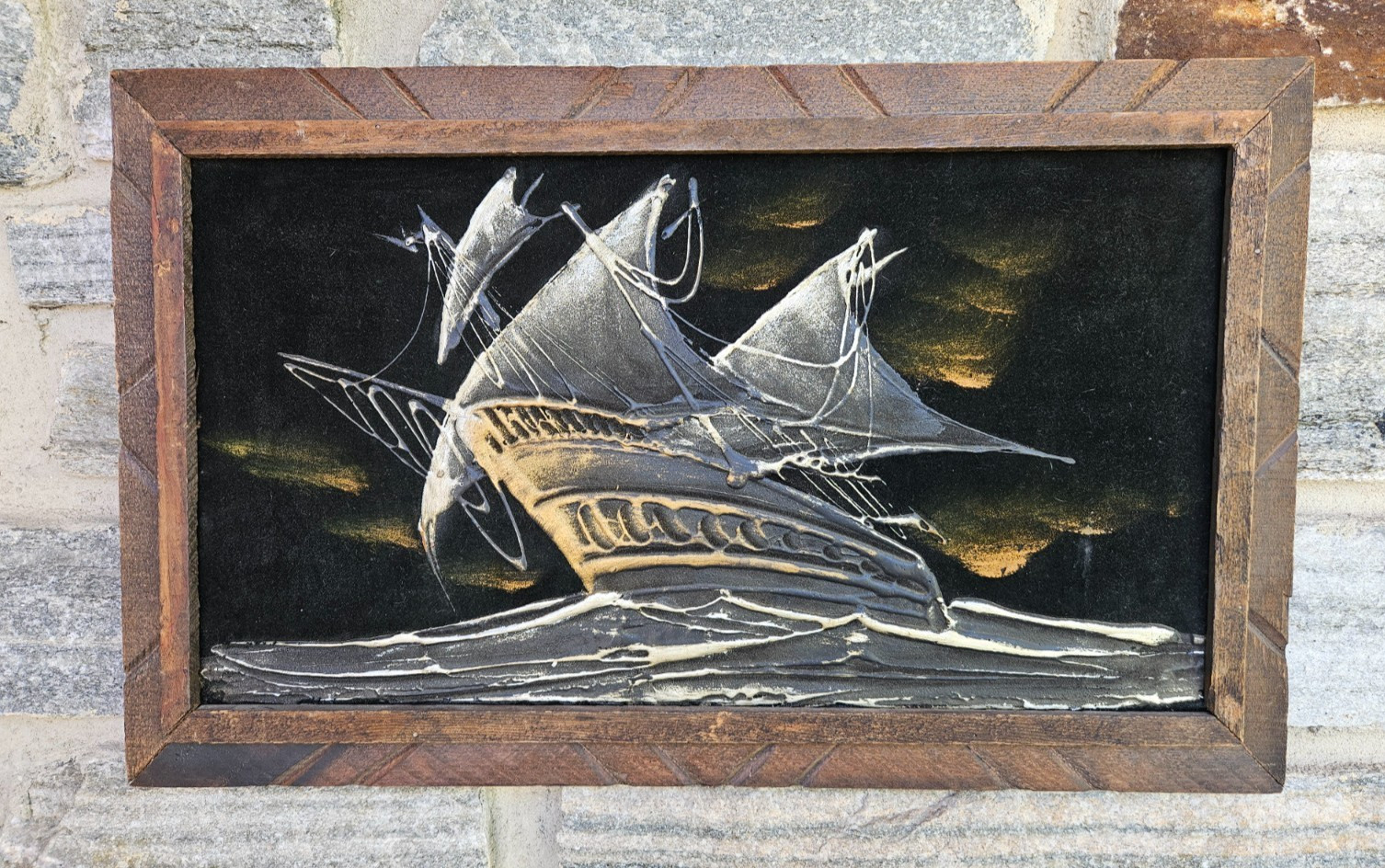 Vintage Black Velvet Galleon Pirate Ship Handmade Wood Frame Mexico READ