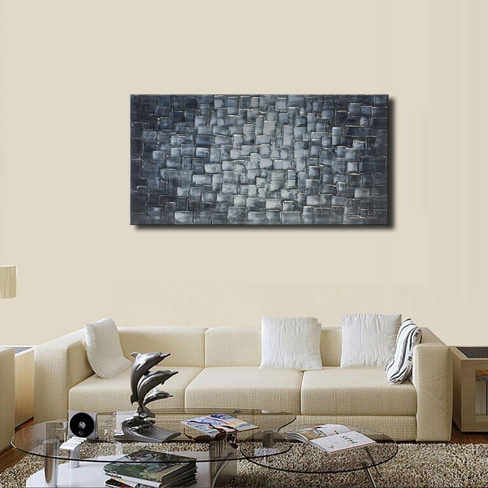 Textured Abstract Squares Canvas Wall Art Hand Painted Modern Silver Oil Pain…