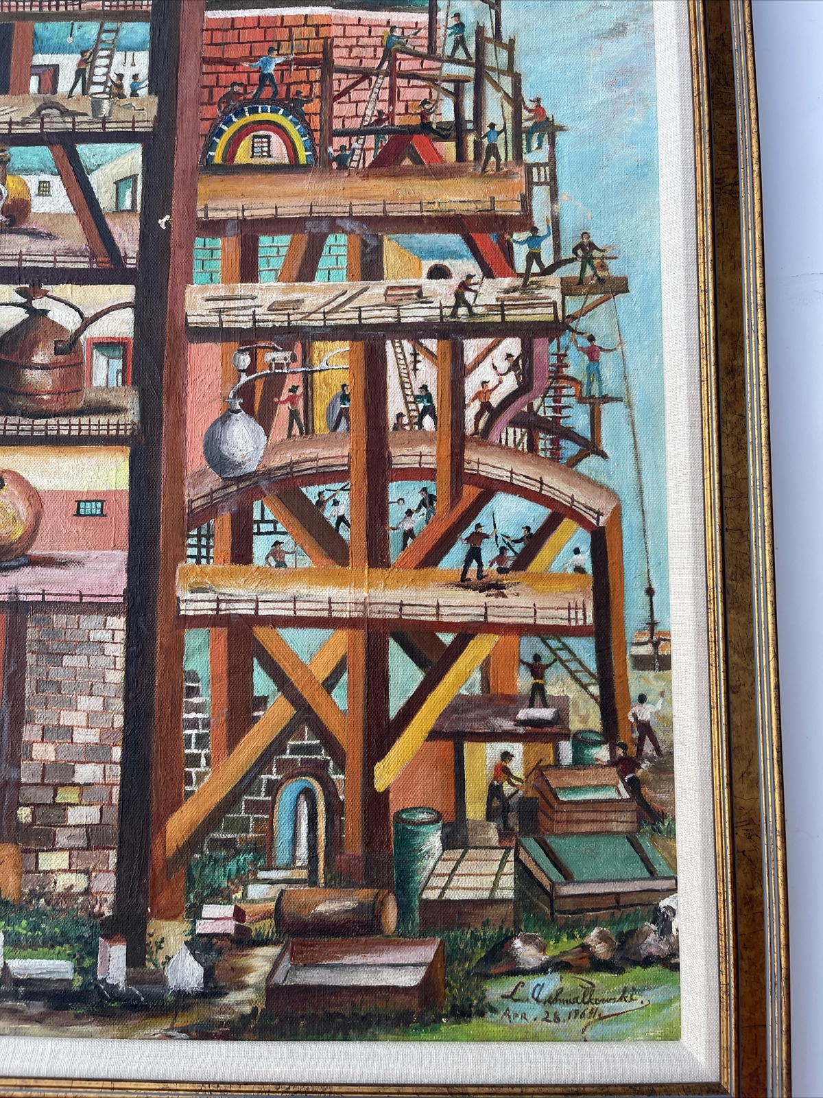 Vintage Industrial Painting Construction Workers Factory Urban Modernism Listed