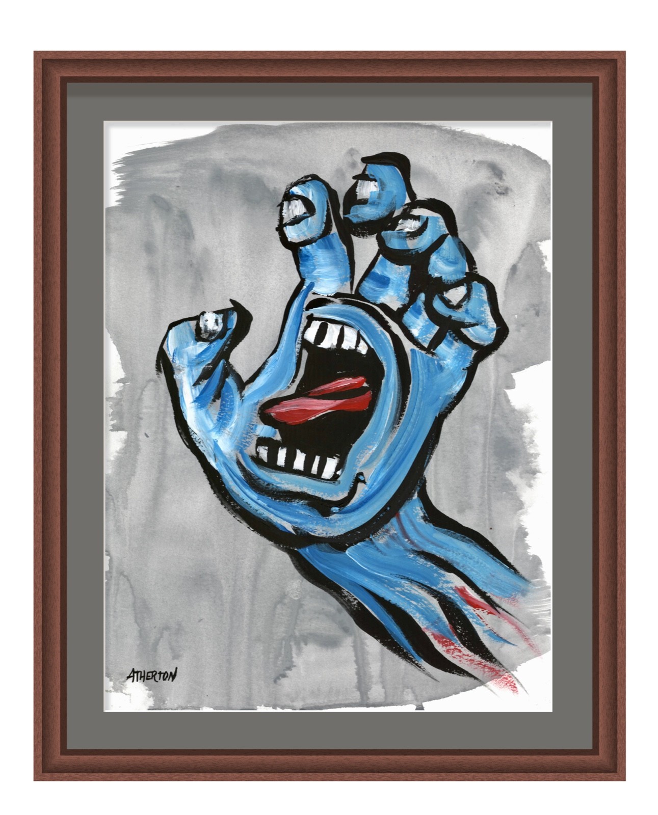 Atherton 9×12 Original Skate Culture Painting «Screaming Hand on gray» signed