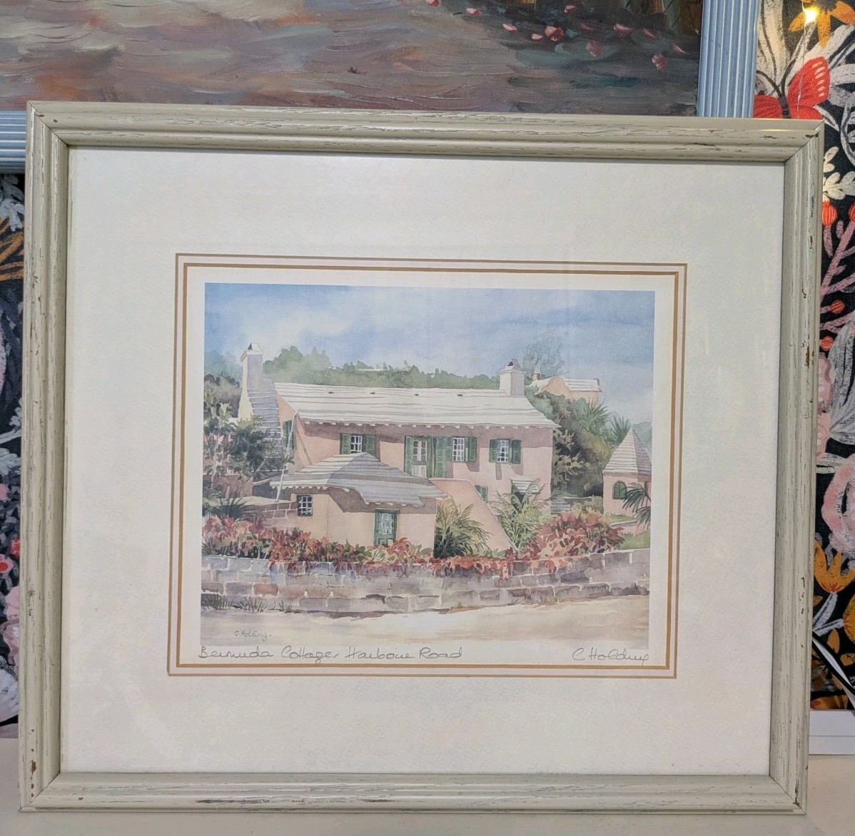 Carole Holding Signed Bermuda Cottage Watercolor Limited Framed Glass 18 x 16