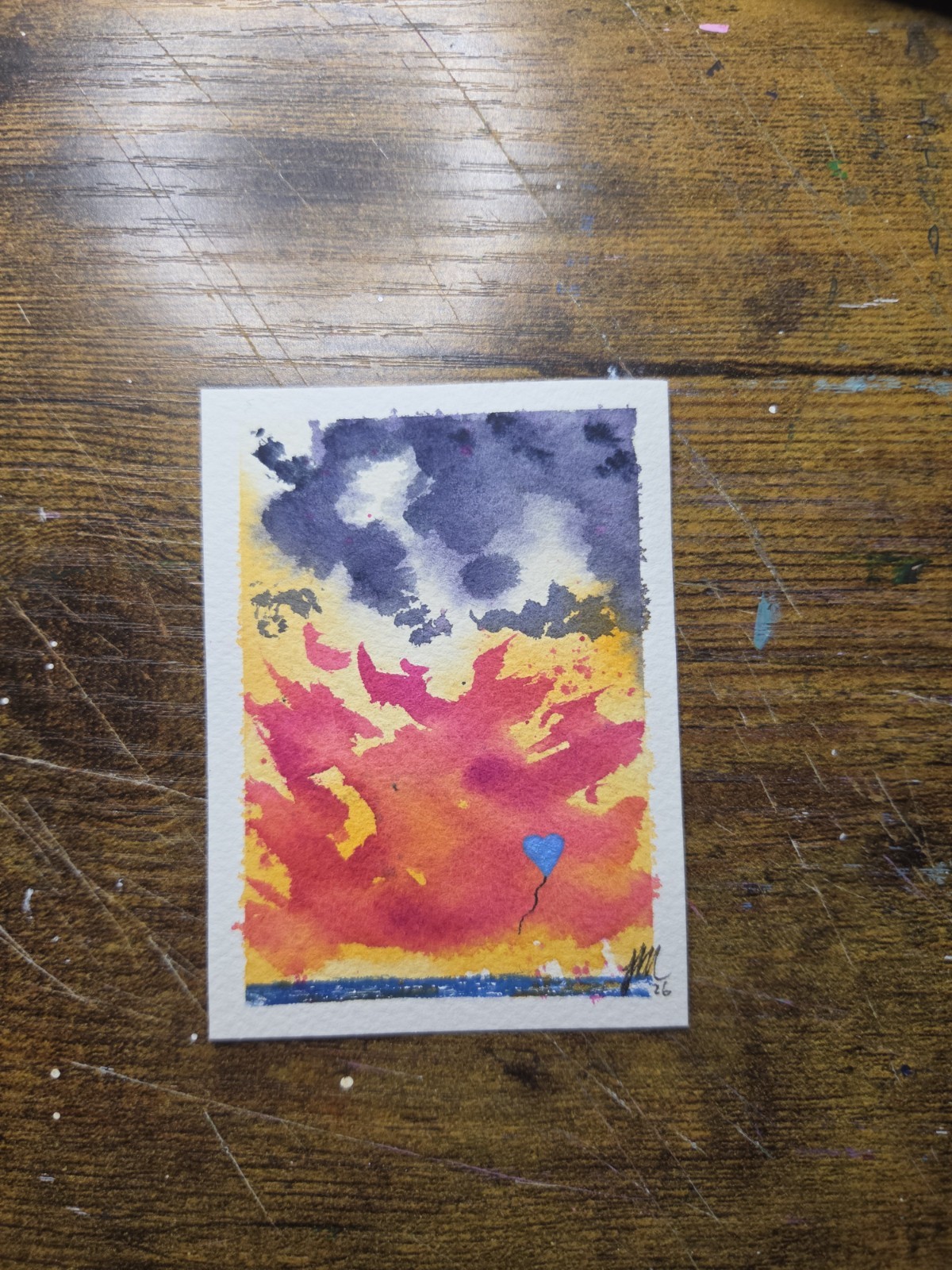 ACEO Original painting Sunset Heart Balloon (2.5×3.5 inches) watercolor/acrylic