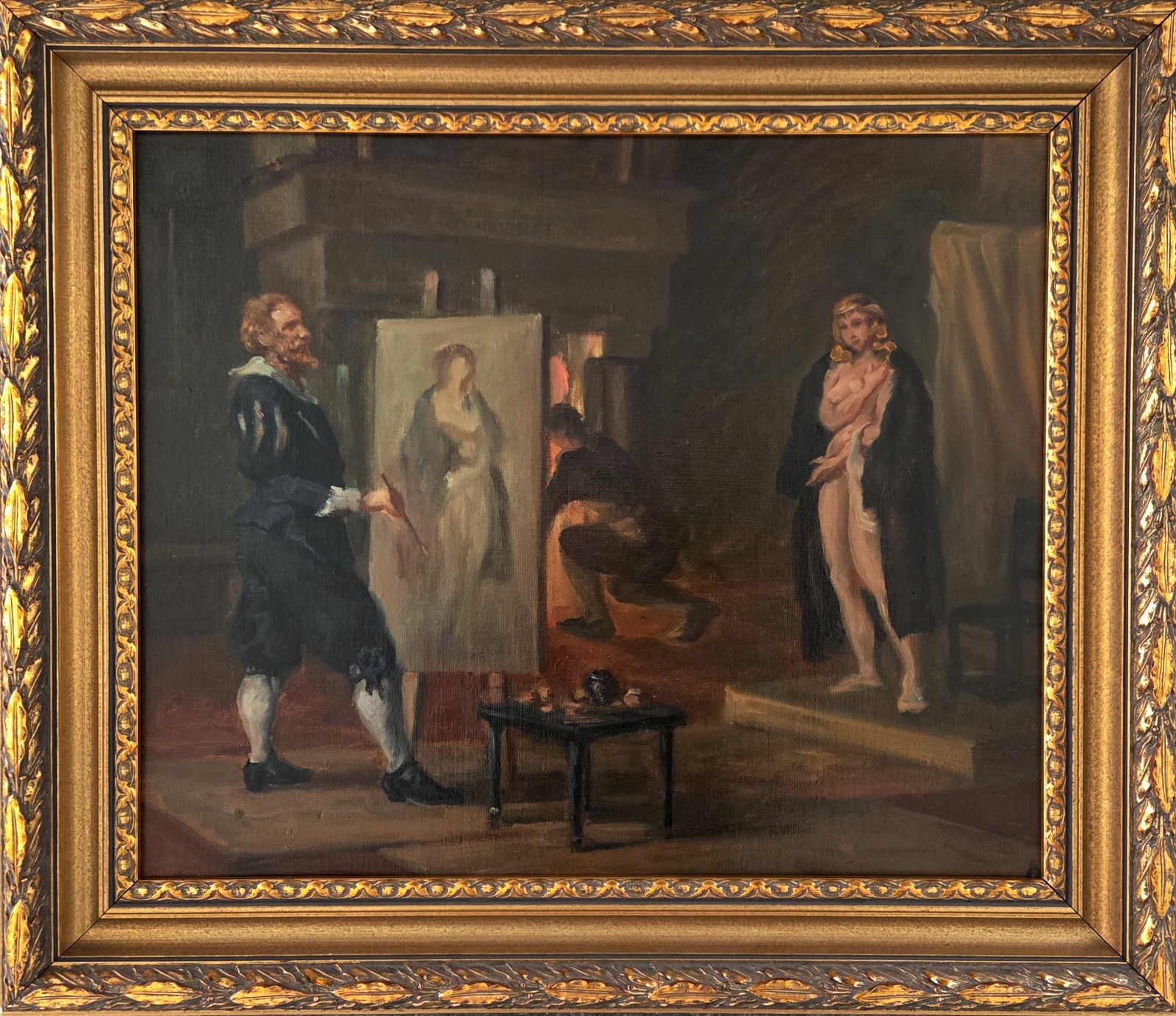 Oil painting. Unknown artist: ”Renaissance artist and female model”