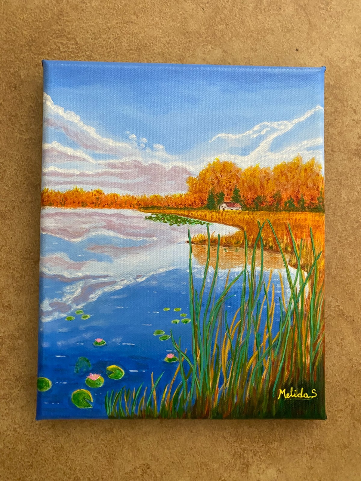 Lake ORIGINAL Painting, Sky Reflections, Lake Reflections Water Lilies Art 8×10