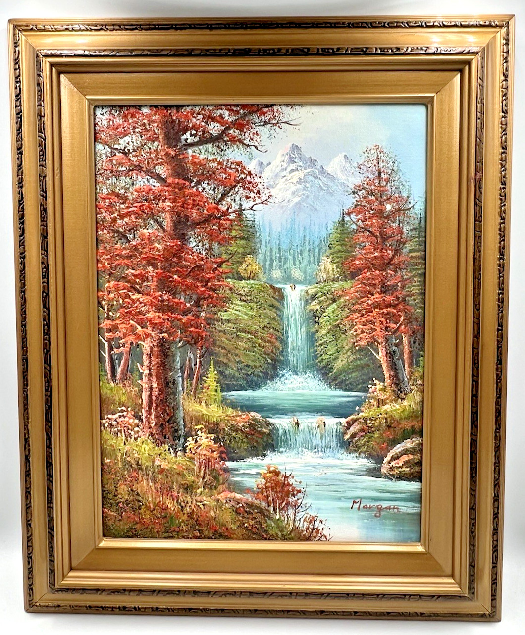VTG Signed Framed Impressionist Oil Canvas Painting Mountain Waterfall 21½ x 17½