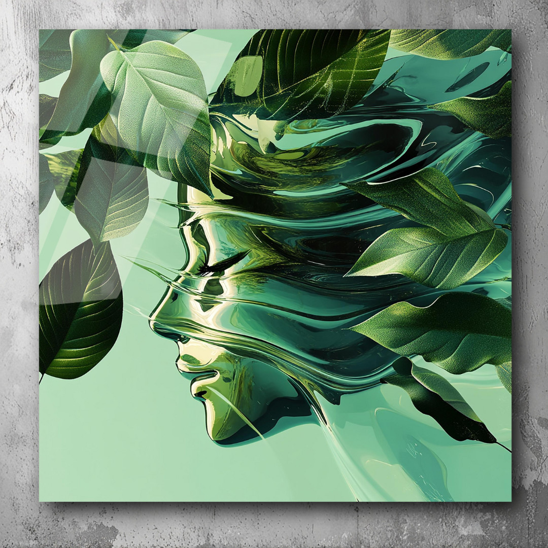 3D Painting Green Face&Leaf Art UV Printed Acrylic Glass Modern Wall Decor