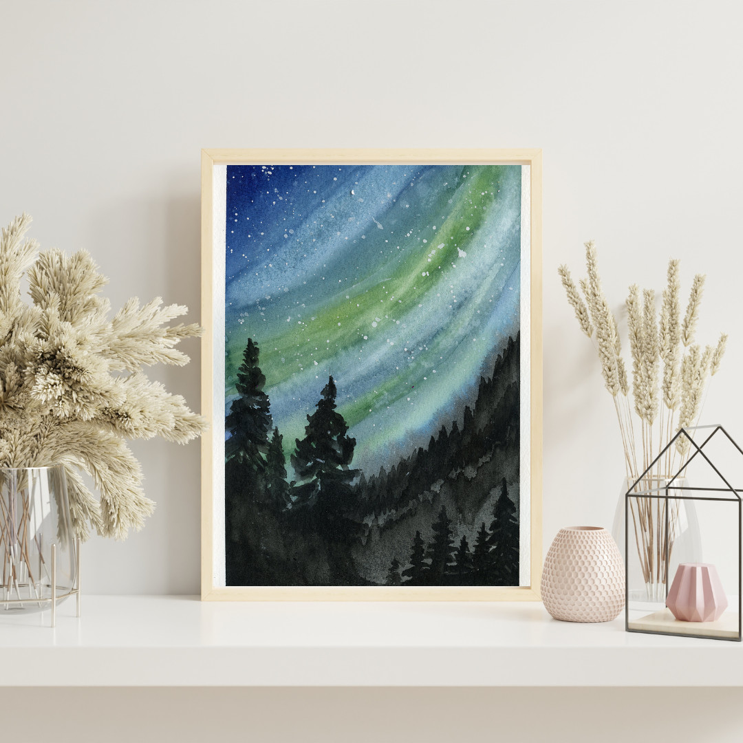«Aurora Borealis in Teal» OOAK Original Watercolor Painting 6×9 inches