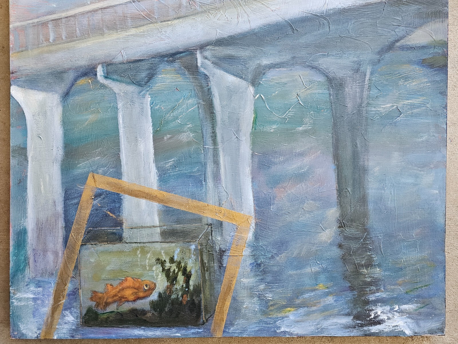 Goldfish Fish Tank Bridge Human Figure Original Abstract Expressionist Painting