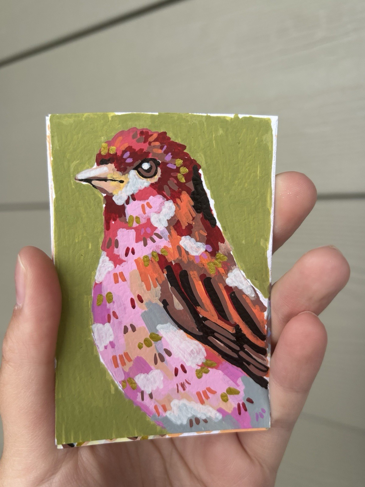 Abstract Male Purple Finch Bird ACEO ATC Original Acrylic Marker 2.5×3.5in