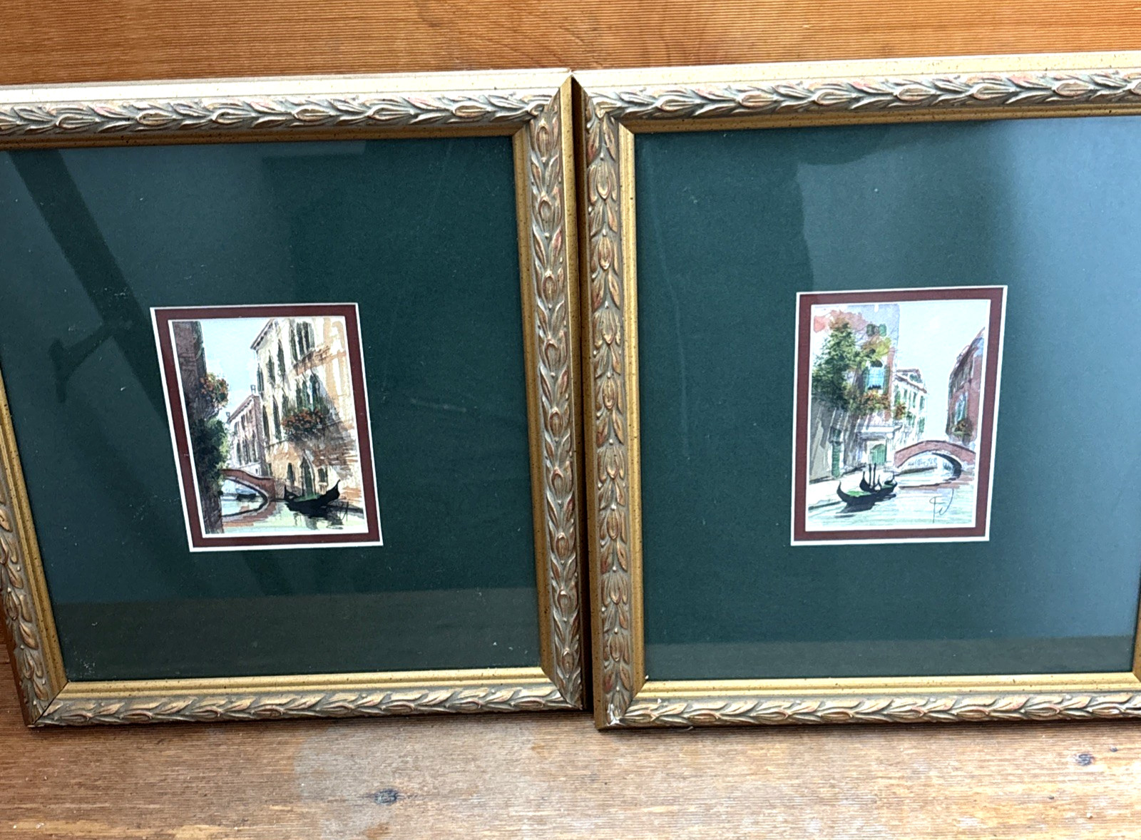 Venice Paintings Pair Signed Watercolor Gold Frame Vintage Canal Gondolier
