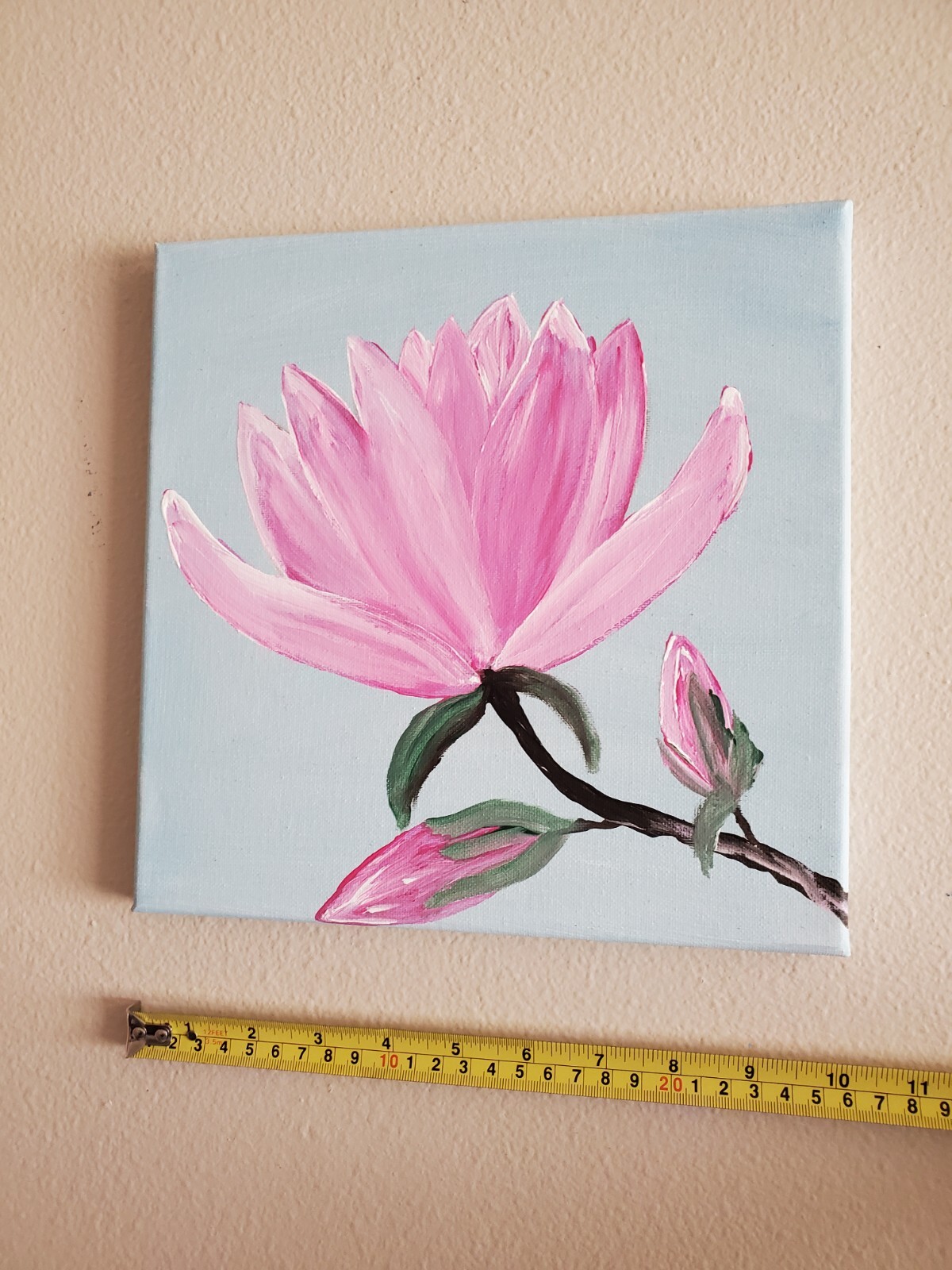 Handmade Acrylic Painting Wooden Frame 10×10 Art Decor Flowers Magnolia Pink
