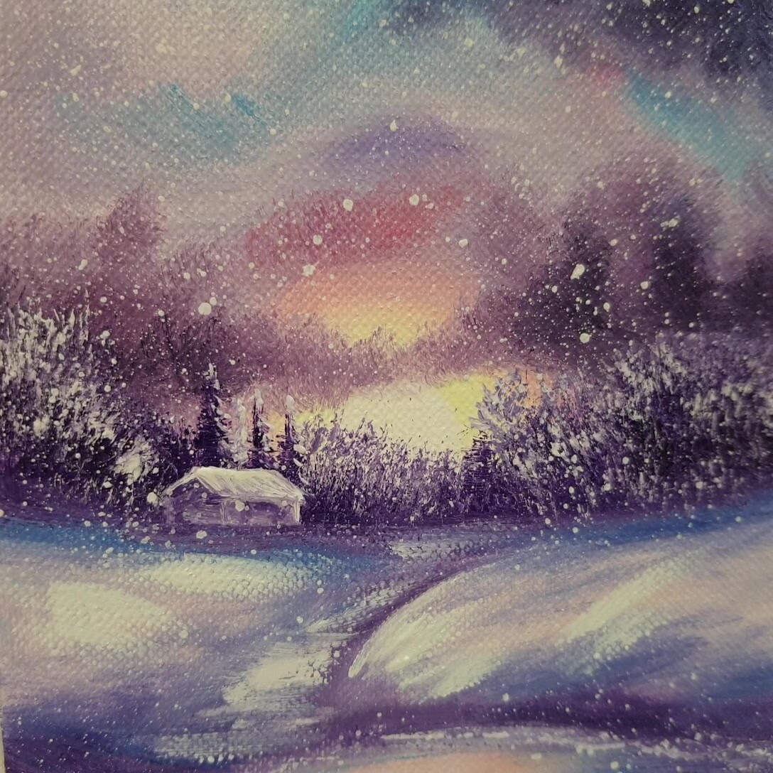 Winter Sunset Lake Path Painting Snow Cottage Purple Red Sky Signed Holiday Deco