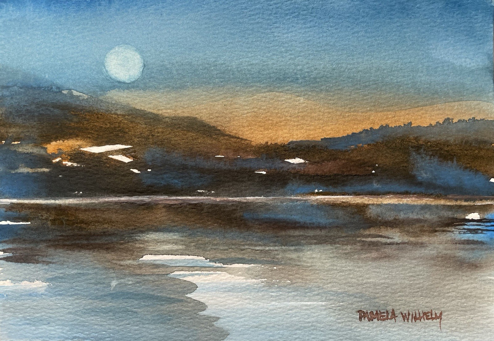 Pamela Wilhelm original 6”x8” Watercolor Nocturne Across The Night Bay Sea Land