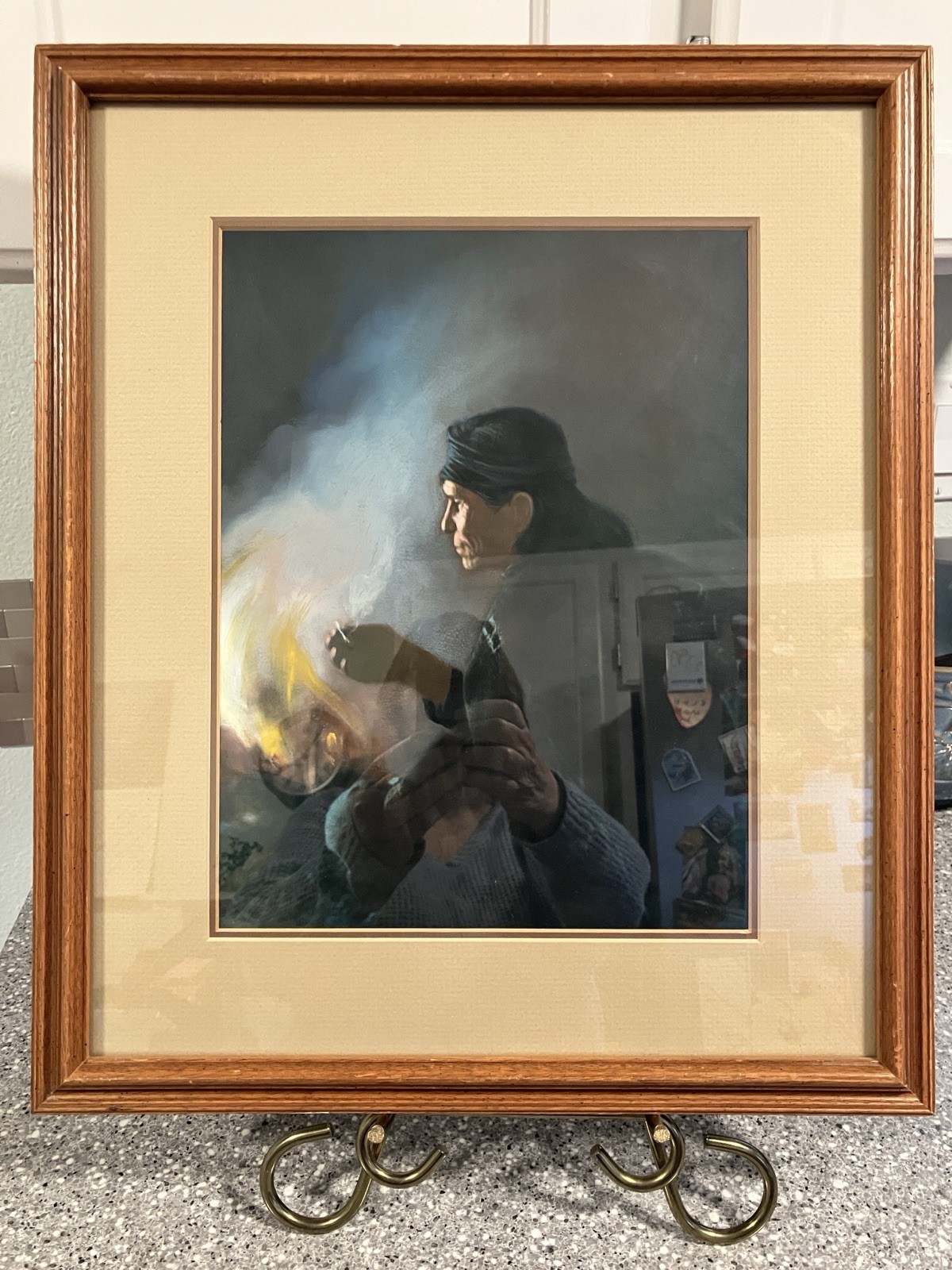 Attributed J. R. Willis «Tall Scout – Native Man By Fire» Gouche Painting