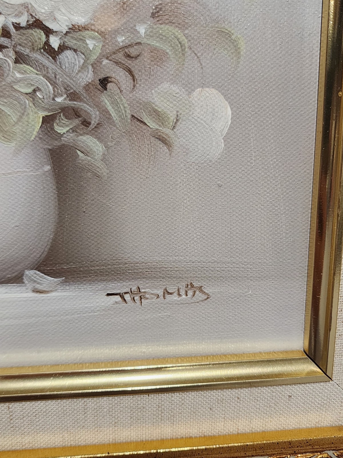 Vintage Canvas Oil Painting WHITE FLOWERS in a Vase Signed THOMAS Wood Framed
