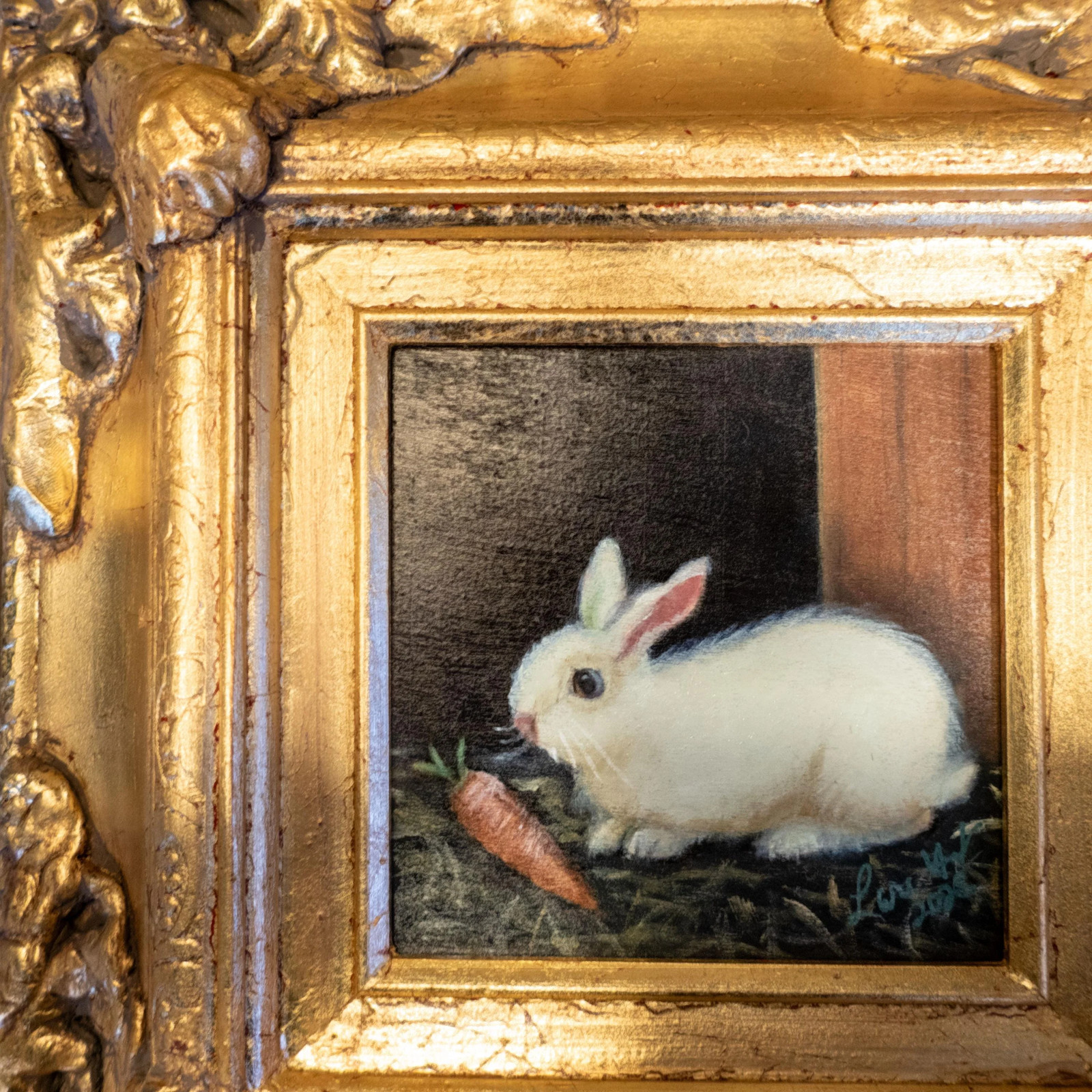 Gilded Framed Small Oil Painting Bunny Rabbit And Carrot Antique Style Hand Pai