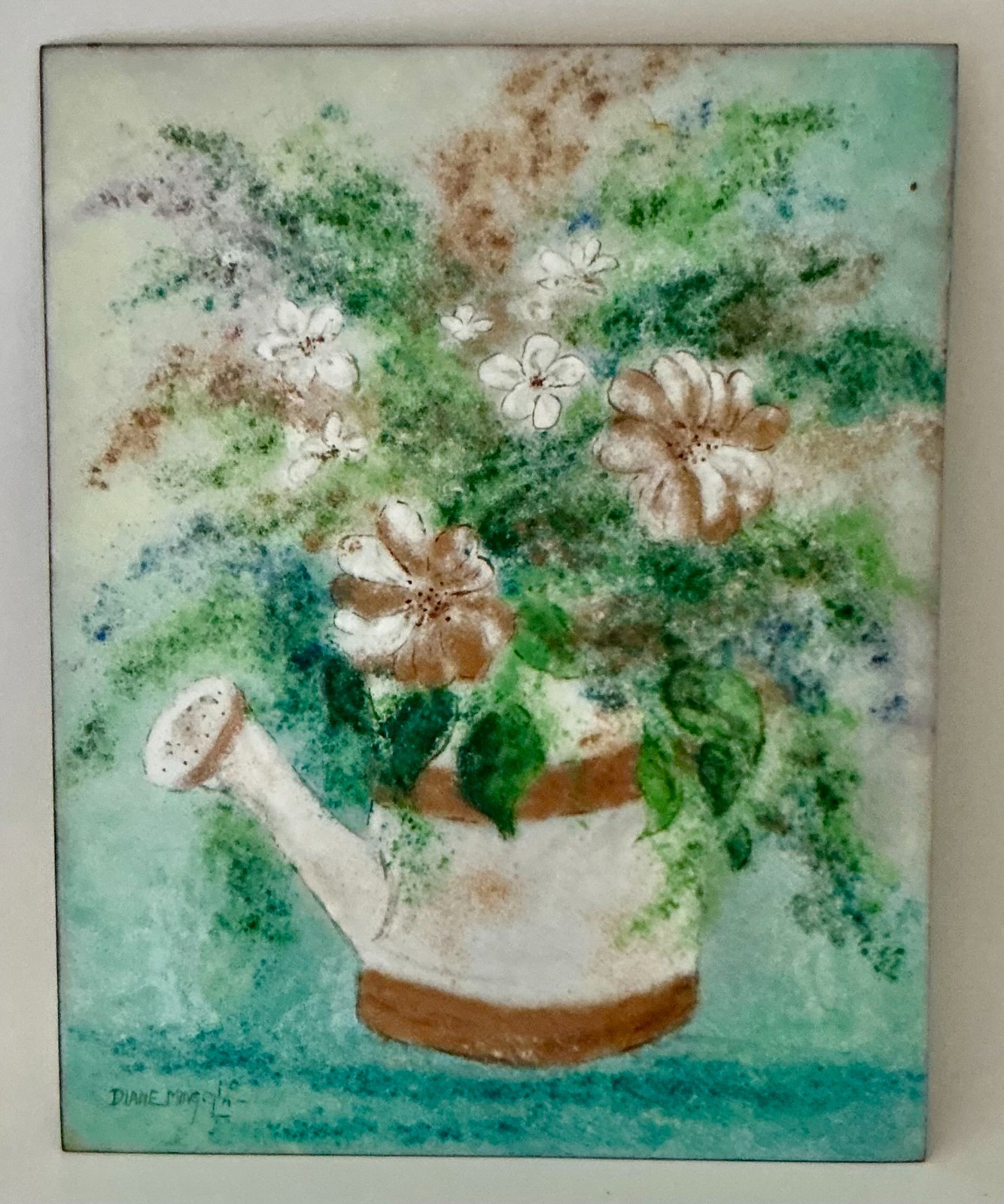 Diane Mingolla Signed Enamel on Copper Painting Floral Watering Can Vintage 8×10