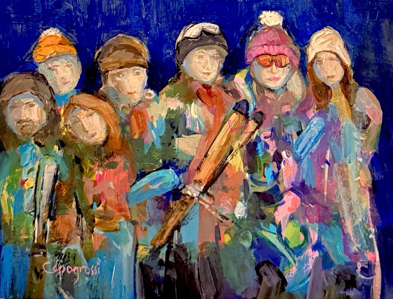 APRÈS SKI Original Painting Beth Capogrossi SKIING PEOPLE FIGURES WINTER SKIS