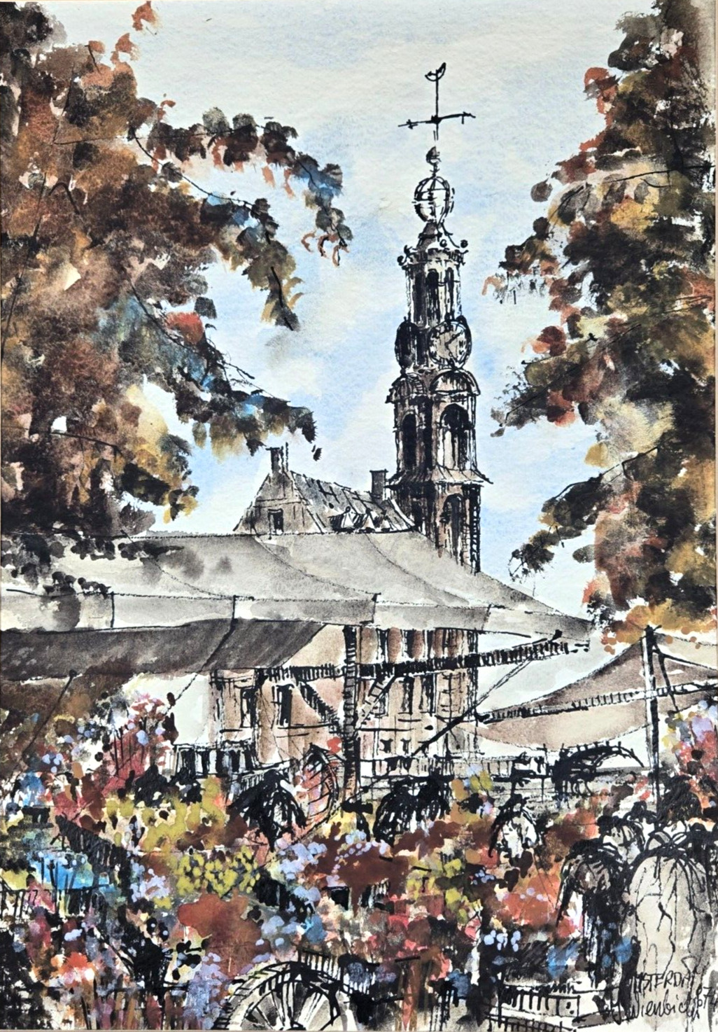 signed Amsterdam flower market cityscape original watercolor painting 20″ x 14″