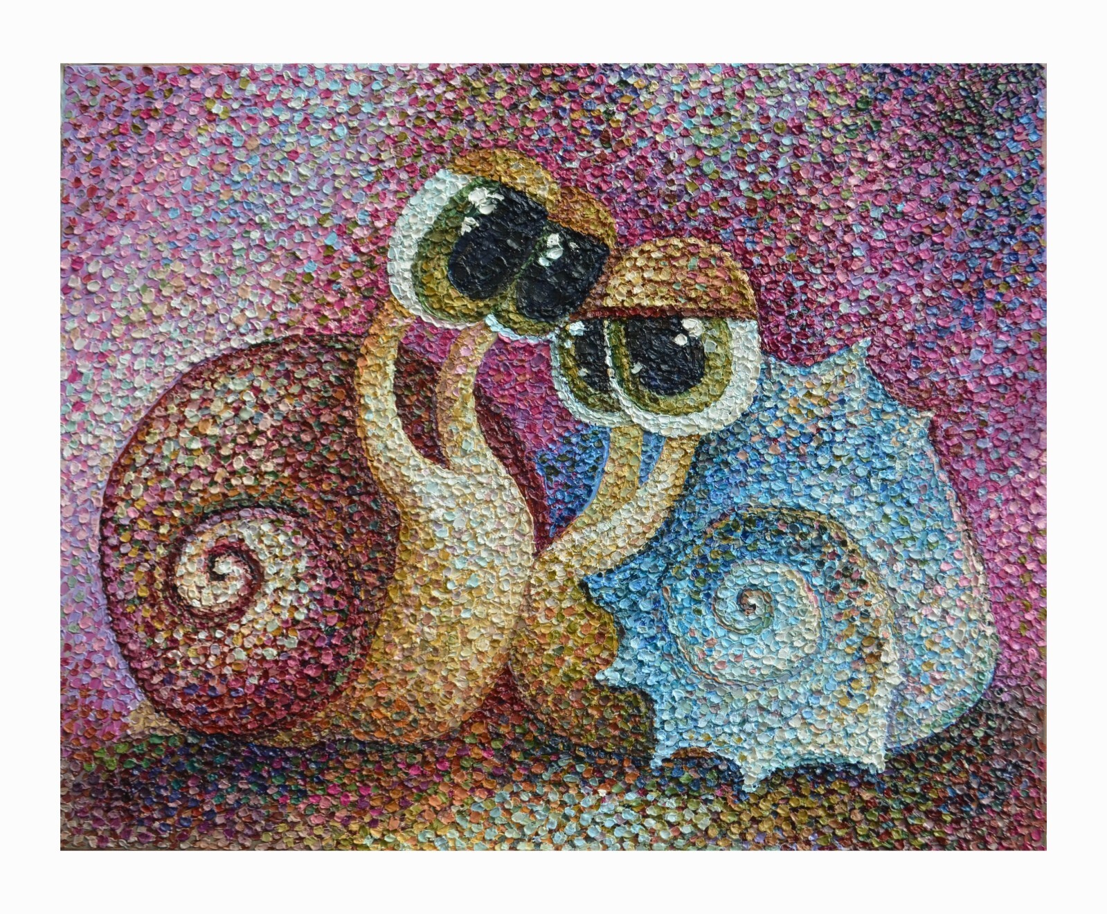 A unique oil painting «Two snails in love». Format 40*50 centimeters.Pointillism