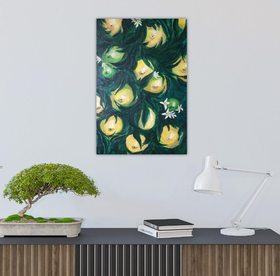 Original Acrylic Painting Citrus Fruit Lemon on the tree with flowers 16×24 in