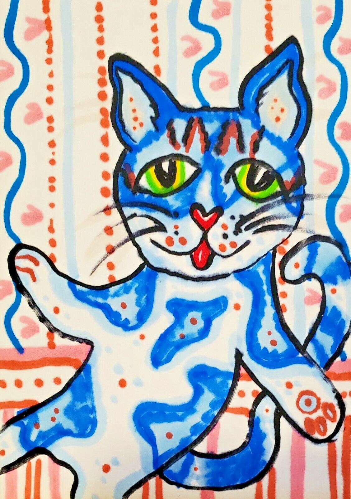 Blue Willow Cat ACEO ORIGINAL Marker on Sturdy Art Paper Kitty Short hair ATC