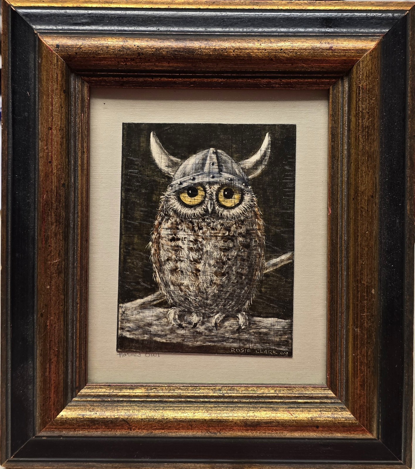 Rosie Clark (1929-2016) Horned Owl Oil Painting On Scratch Board 1965 Signed