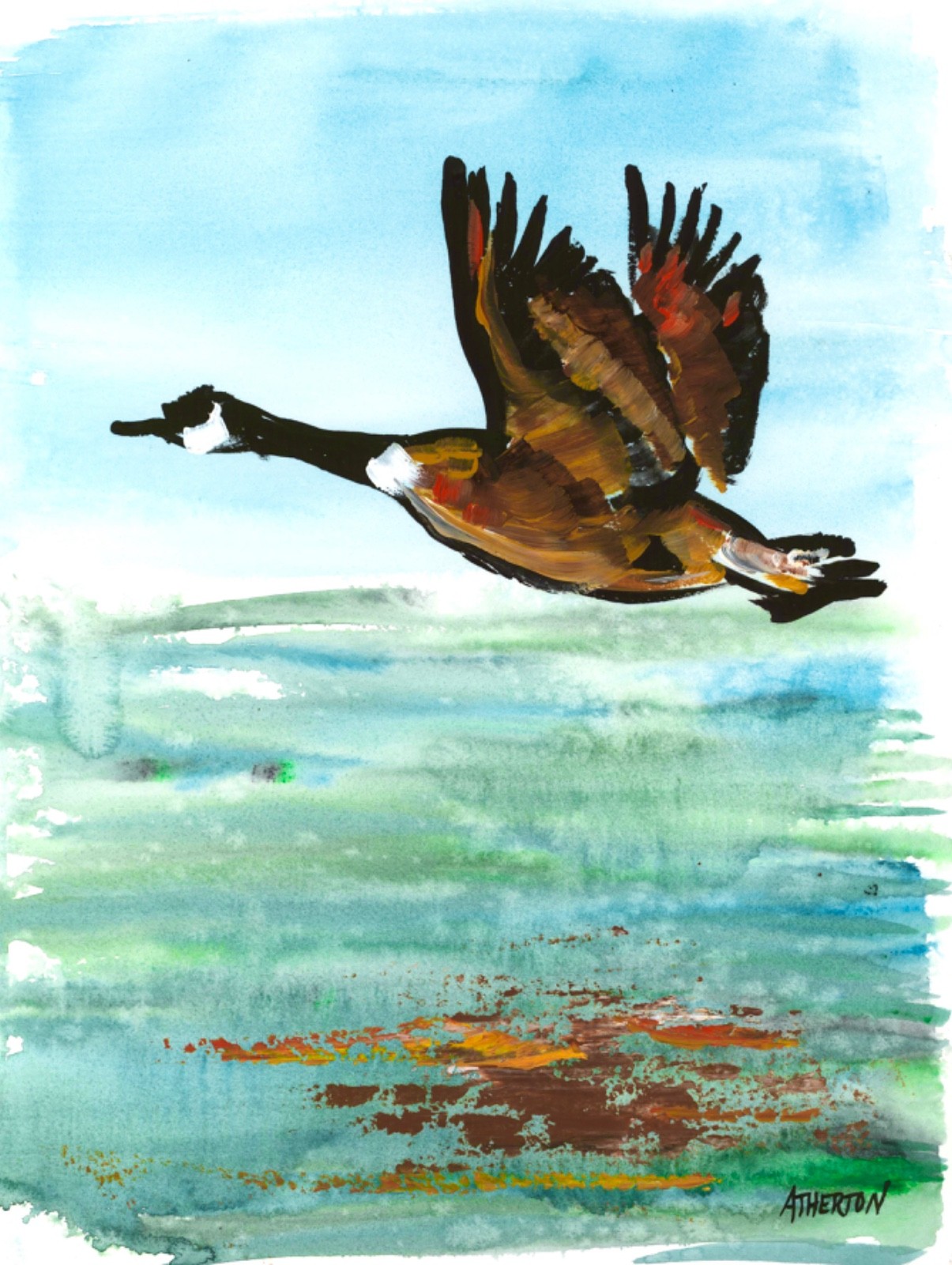 Atherton 9×12 Original Abstract loose Goose Painting «Single reflection» signed