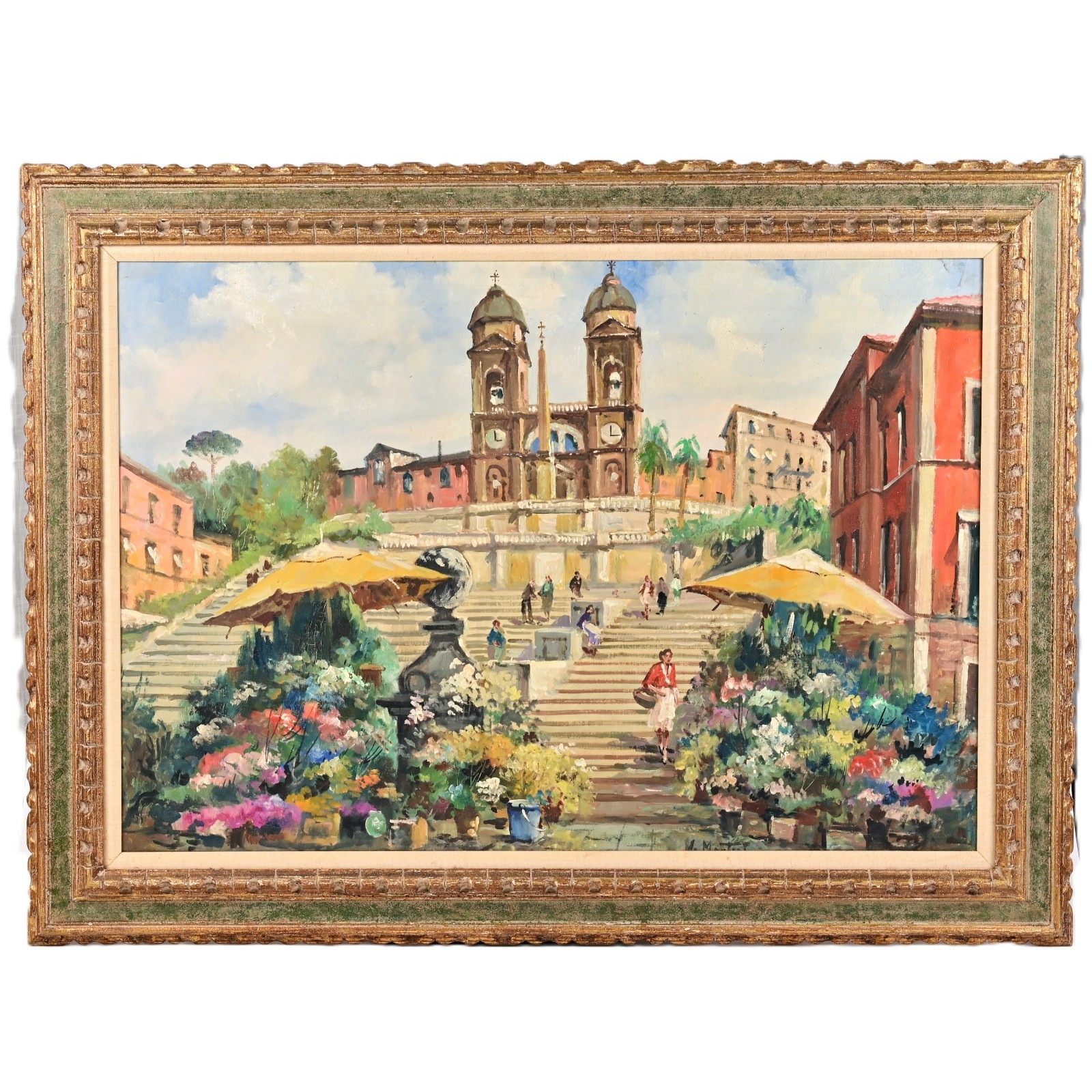 MONTESI Original Vintage Signed Italy Cityscape Figure Illustration Oil Painting