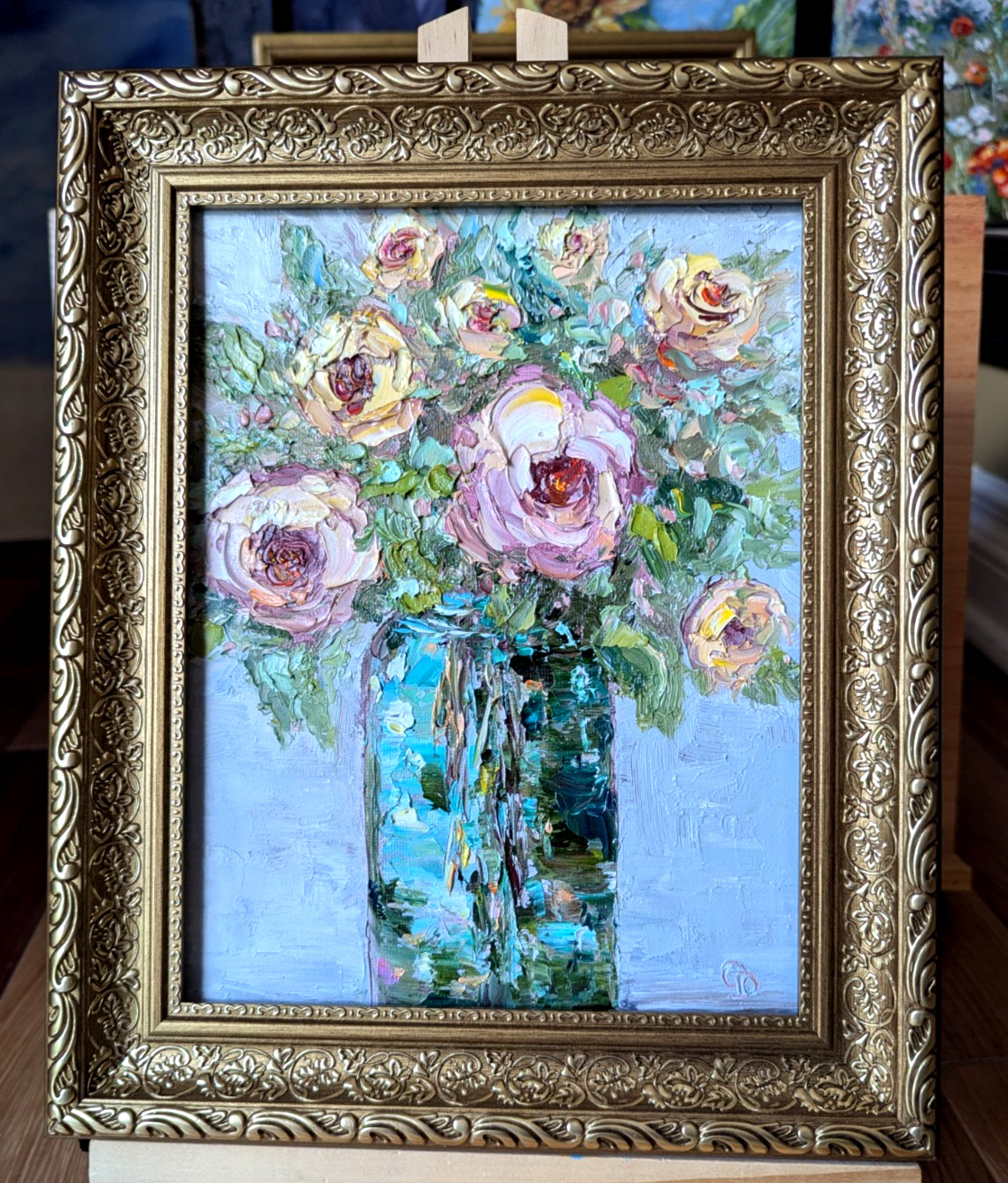 ORIGINAL OIL Painting Peony FLOWERS IN VASE impasto by Olga Diduh.