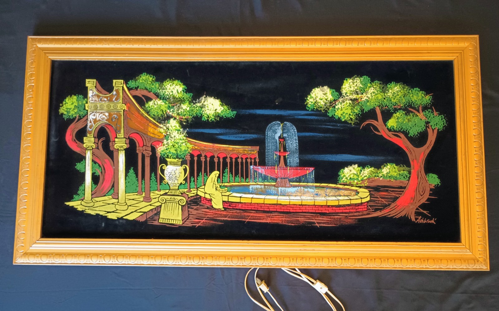 MCM Ashbrook Studios Roman Garden LIGHTED Velvet Oil Painting 23 X 45 Framed VTG