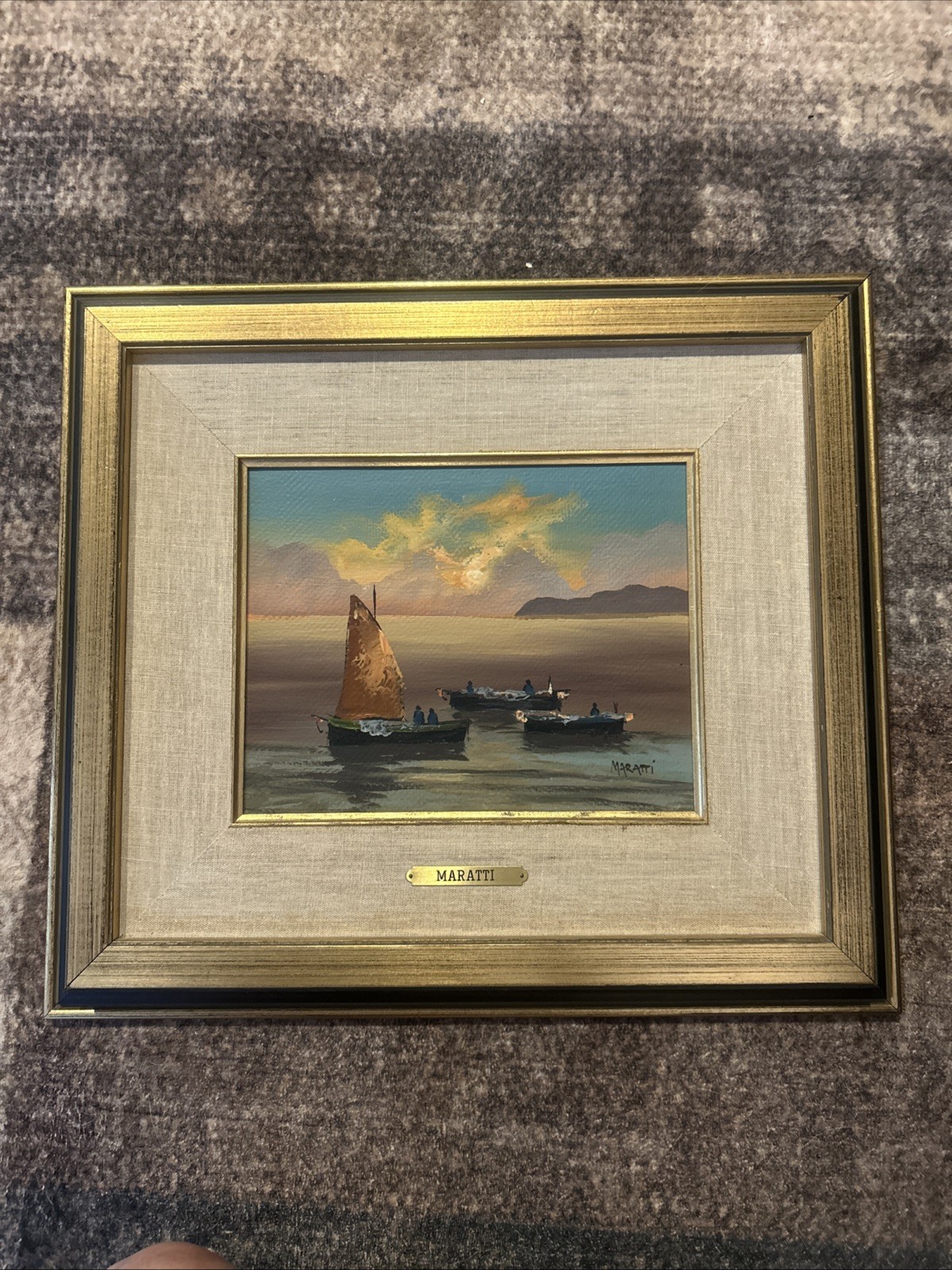 Giovanni Maratti Italian Harbor Oil Painting Fishing Boats Antique Gilt Frame
