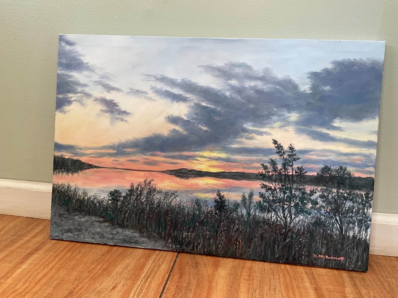 BREEZE ALONG THE RIVER original unframed 16×23 inch oil painting by K. McDermott