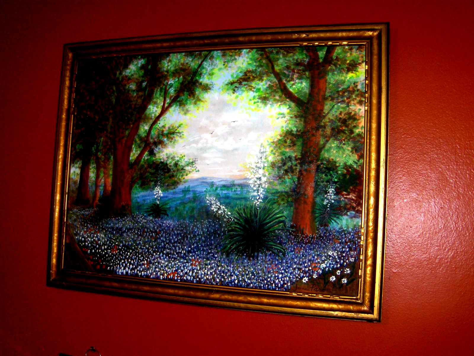 GORGEOUS Original Bluebonnet Landscape Bird Sky Blooming Yucca TX VINTAG Oil Art