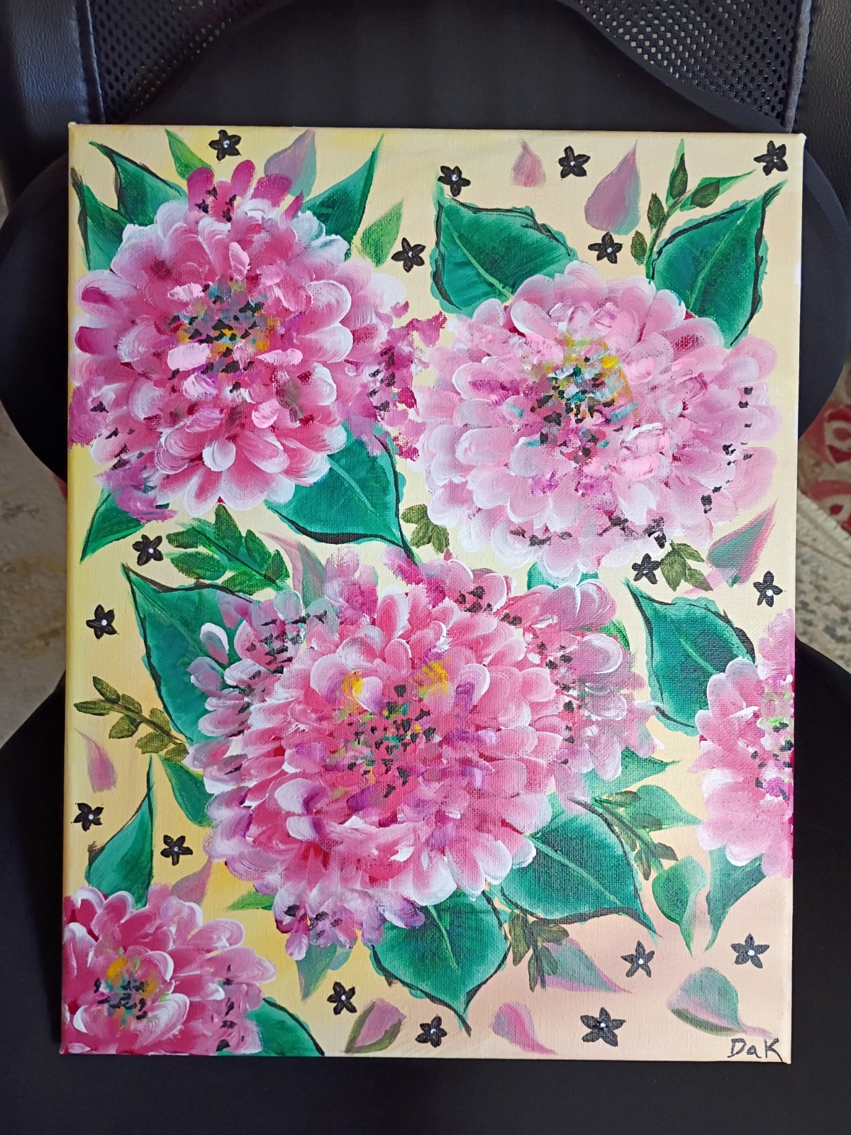 Pink Hydrangeas Yellow & Black 11×14 Canvas Original Art Expressionism Abstract