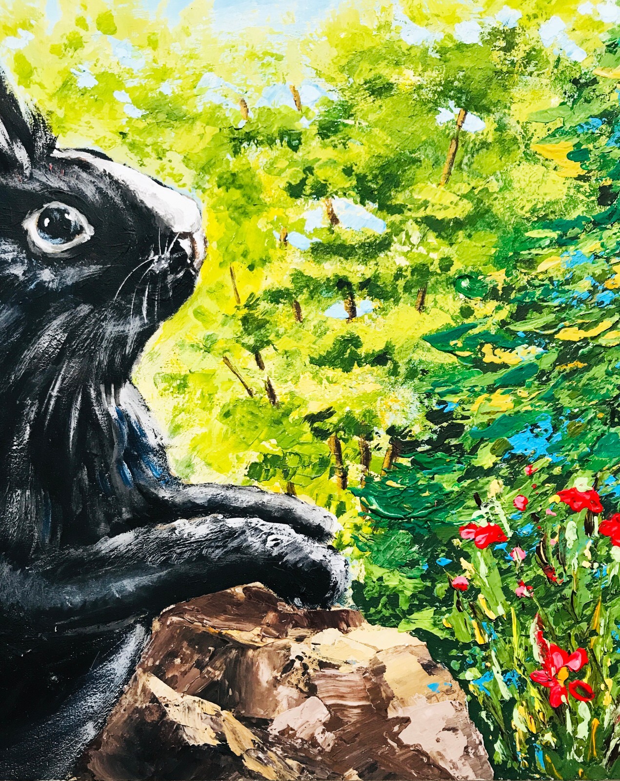 Original Art Rabbit Painting Easter Gift Black Bunny Lover Gift Figurine 9 x 12″