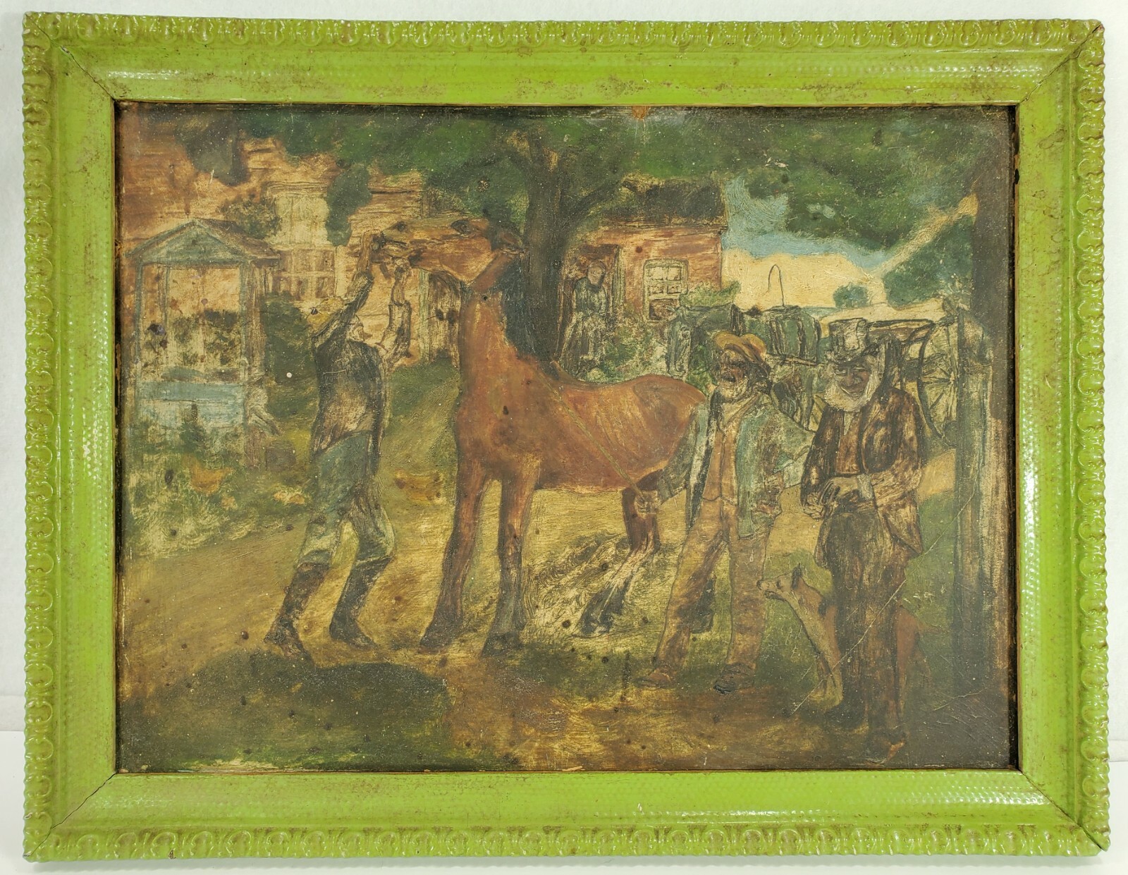 Antique Folk Art Oil Painting On Art Board Man Buying a Horse Looking Him Over