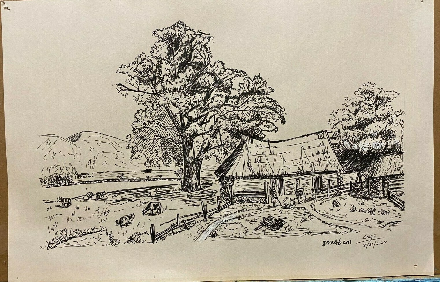 Pen and Ink Quick Drawing Landscape on Construction Paper 12×18″