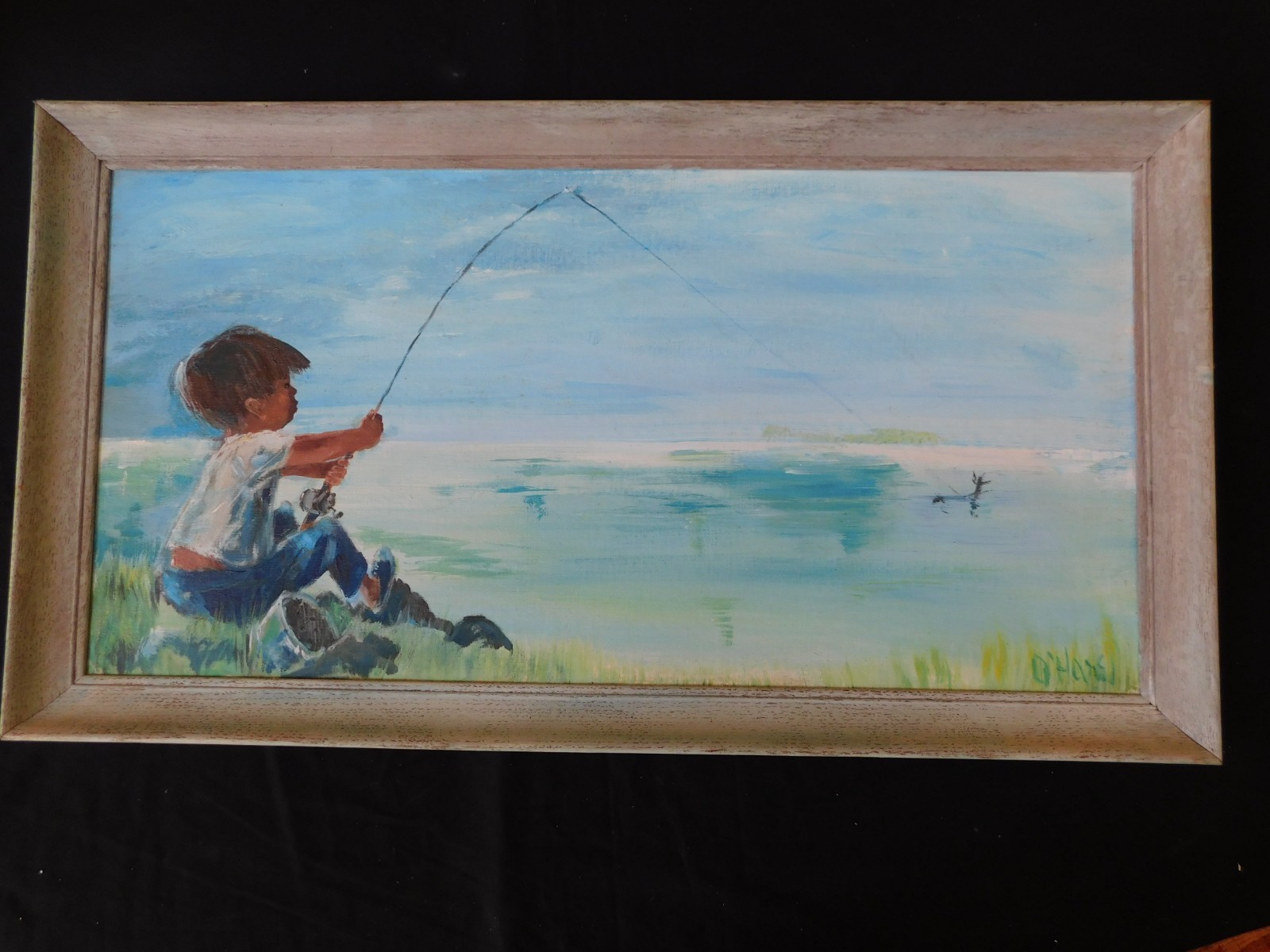 1950’s Figurative impressionist oil painting BOY FISHING Marilynn O’hare LISTED
