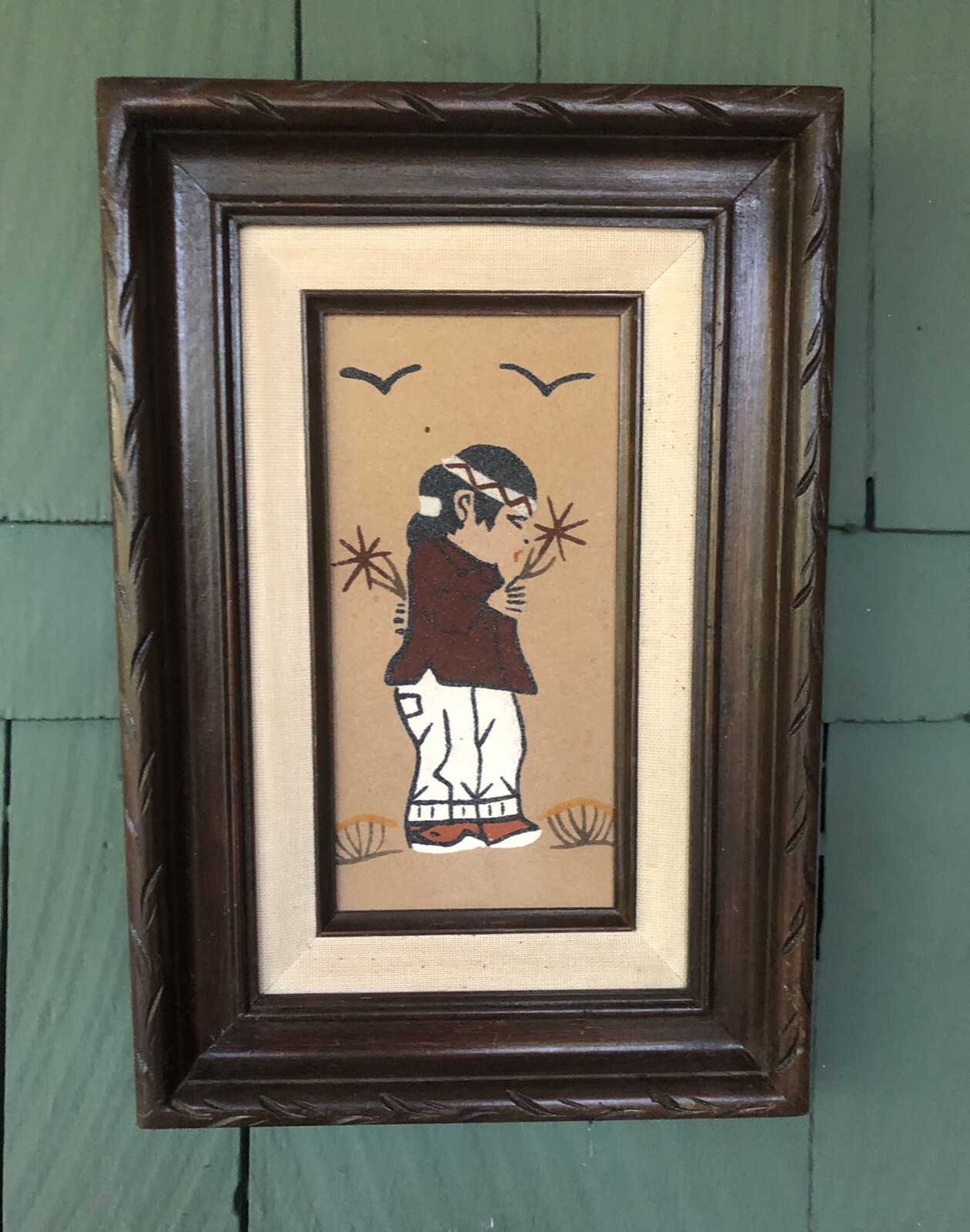 Vtg Navajo Boy Sand Painting Carved Wood Frame 13″ x 9″ Artist Signed