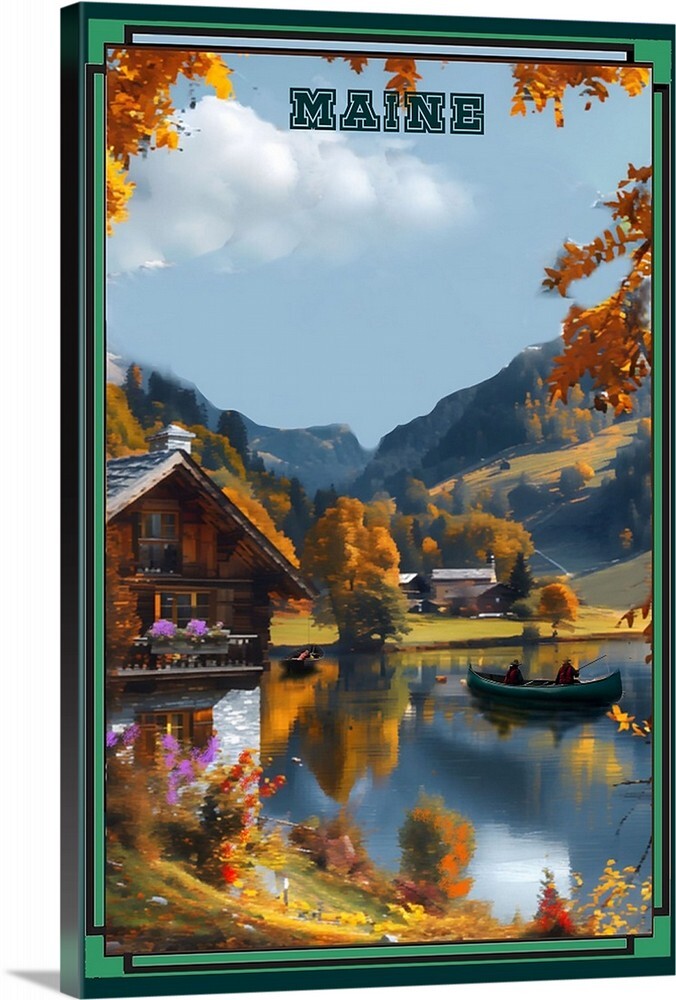 Maine Cabin Fishing Lake Mountains Art Travel Poster or a Canvas Wrap art