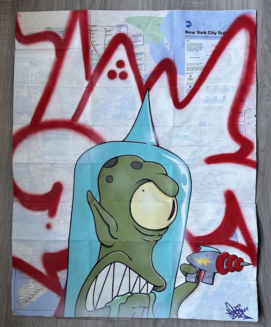 Hand Painted Graffiti Art on NYC Subway Map The Simpsons Kang Or Kodos Aliens