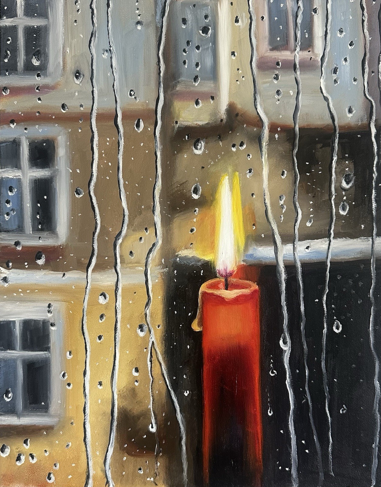 original oil painting Candle Window Rainy Day 24x30cm Still Life Gift