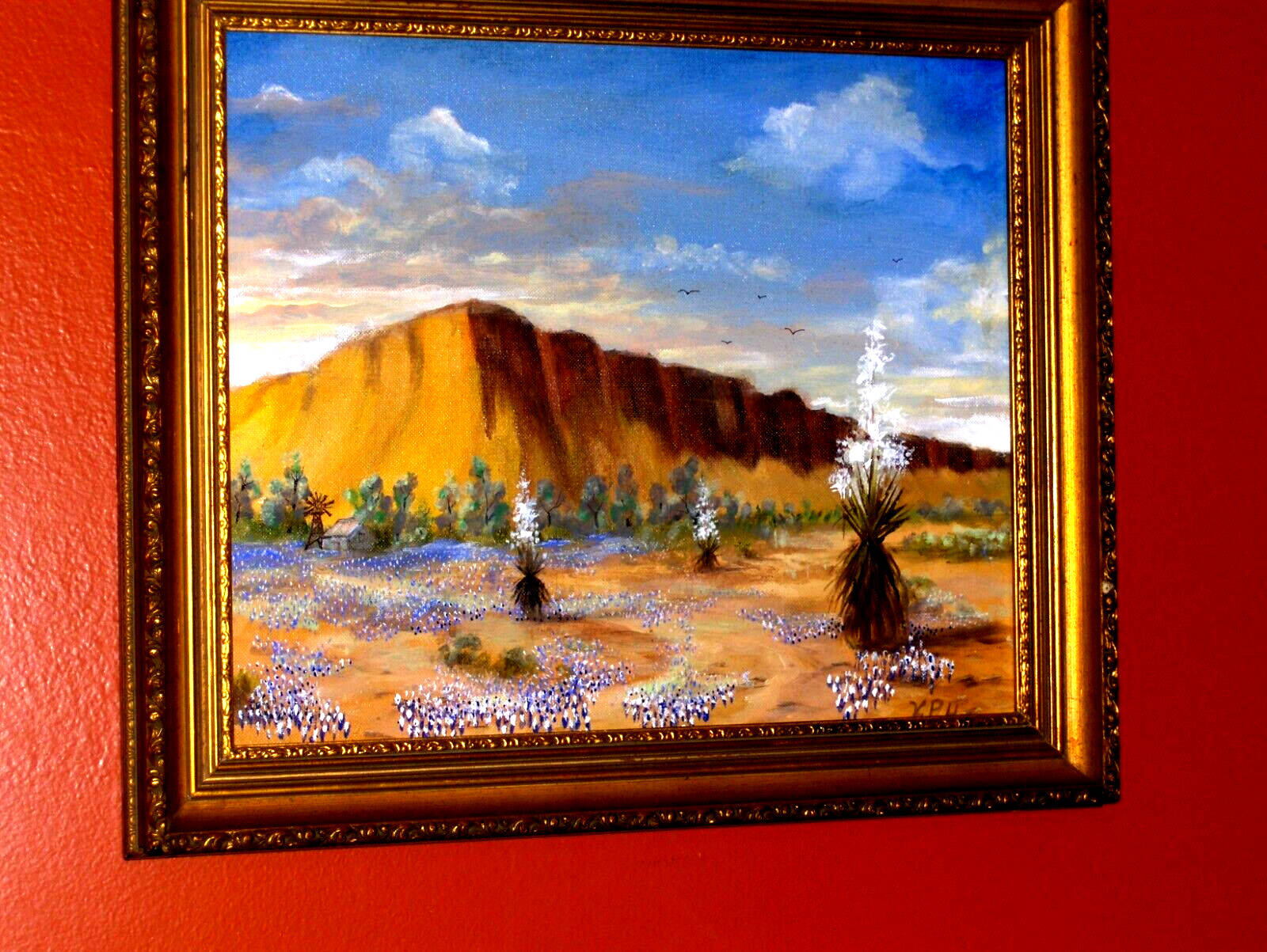 Original Buebonnet LandscapHouse Water Will Bird Blooming Yucca TX VINTAGE Oil