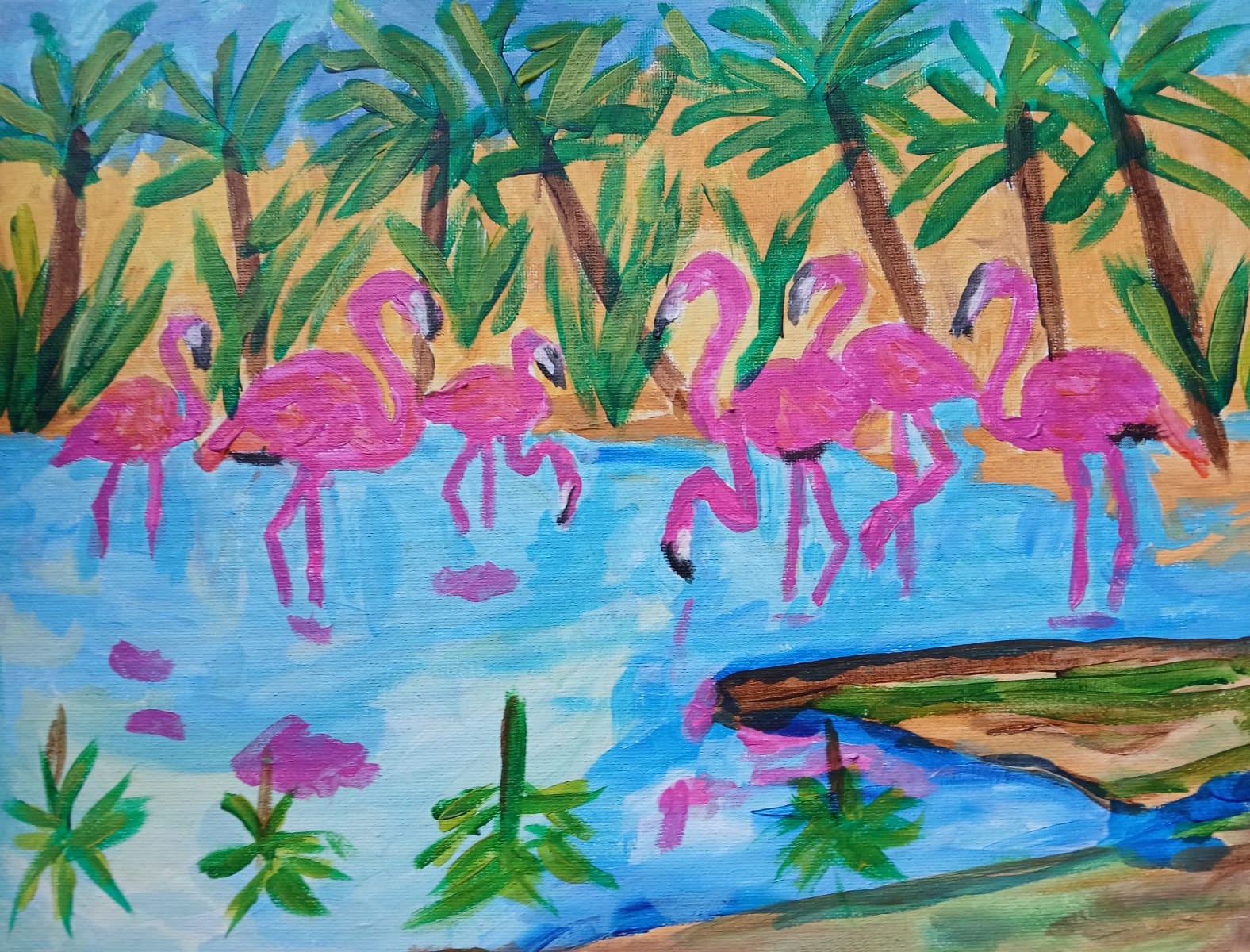 Expressionism/Abstract Pink Flamingo 11×14 Signed Colorful Hand Made Painting
